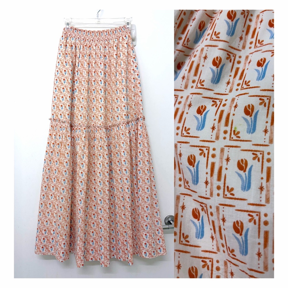 Hunter Bell Tulip Floral Square Grid Print Maxi Skirt Orange Smocked XS